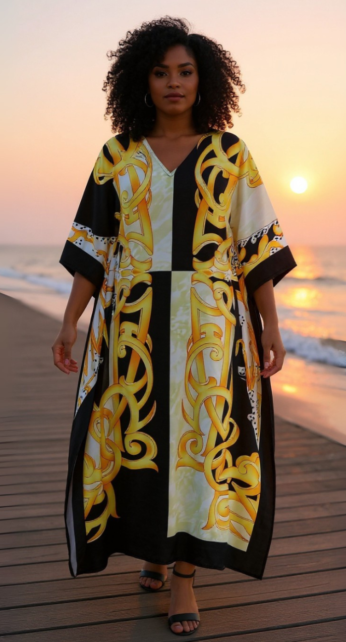 Abstract Yellow Polyester Plus Size Caftan for Women