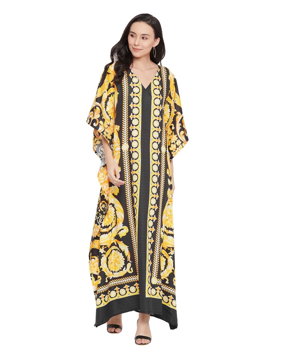 Floral Print Yellow Polyester Plus Size Kaftan For Women