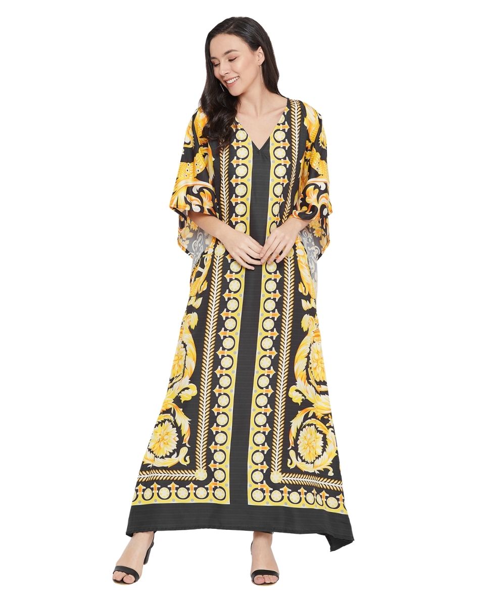 Floral Print Yellow Polyester Plus Size Kaftan For Women