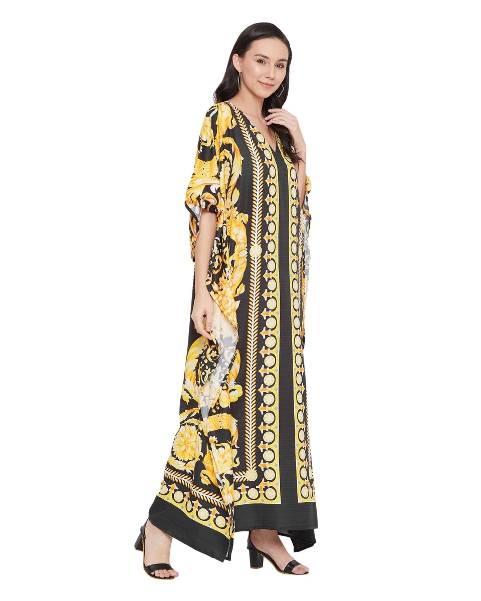 Floral Print Yellow Polyester Plus Size Kaftan For Women