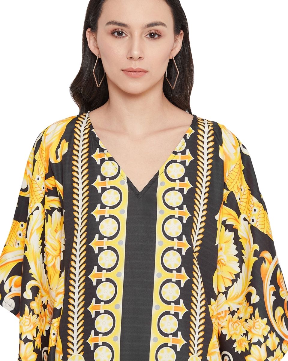 Floral Print Yellow Polyester Plus Size Kaftan For Women