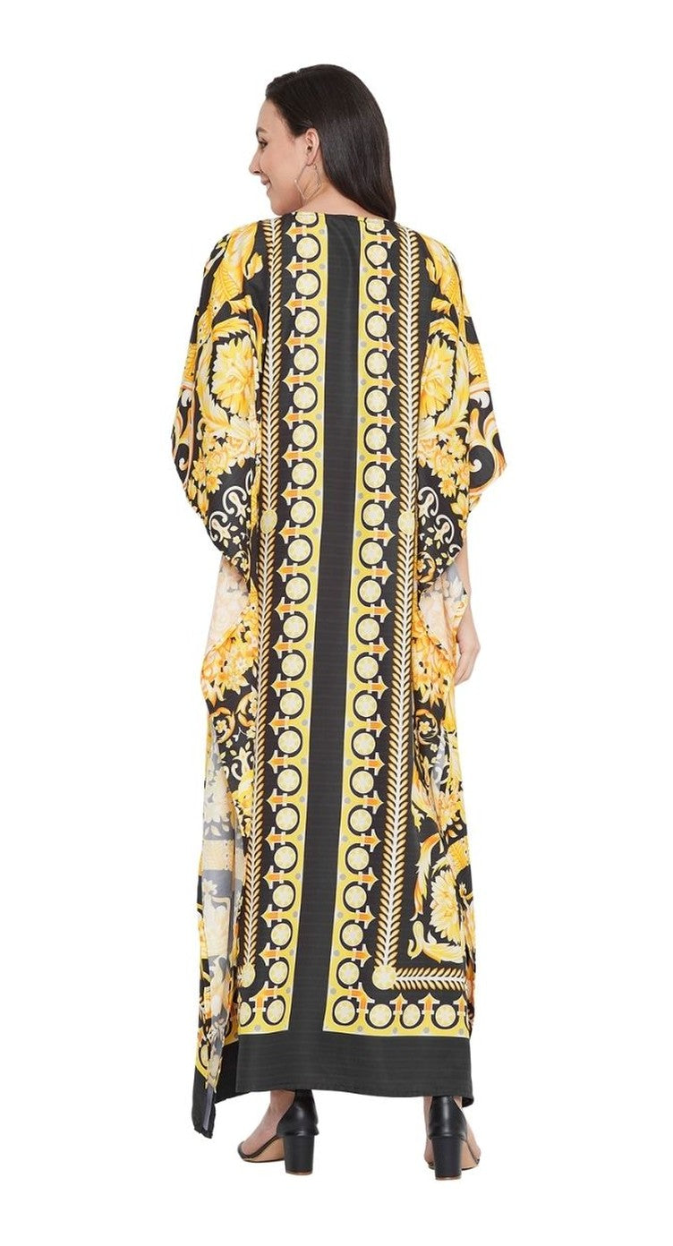 Black and gold baroque scroll print plus size kaftan with V-neck — additional angle