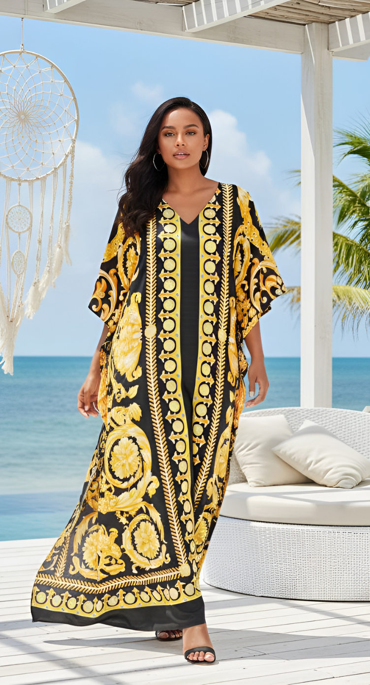 Floral Print Yellow Polyester Plus Size Kaftan For Women