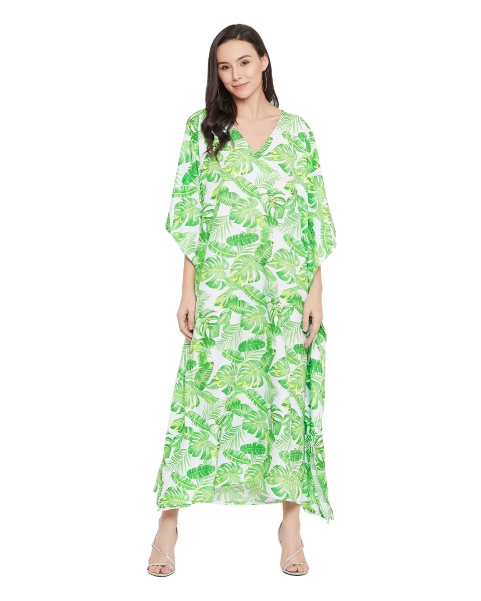 Christmas Wear Leaf Pattern Polyester Caftan For Plus Size Women