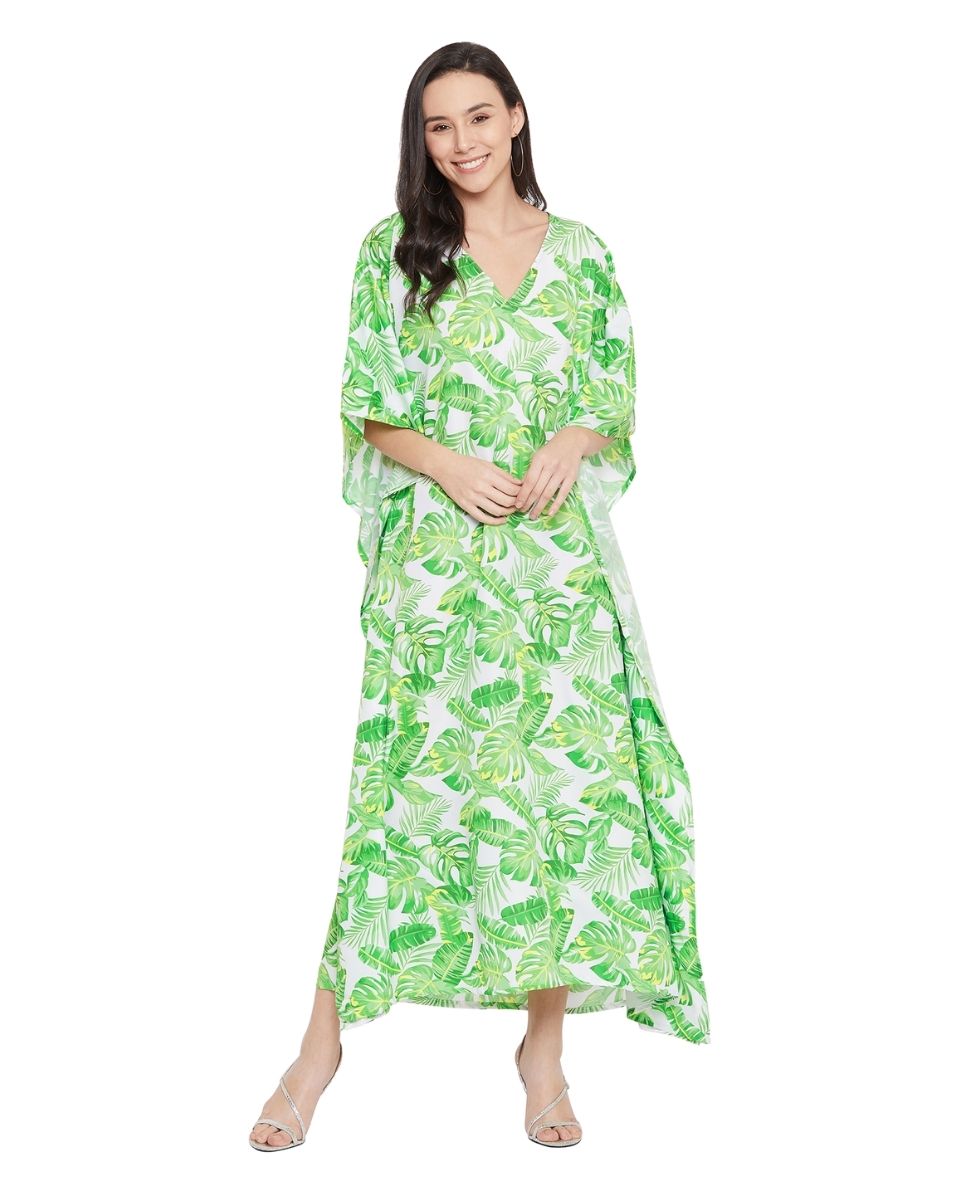 Christmas Wear Leaf Pattern Polyester Caftan For Plus Size Women