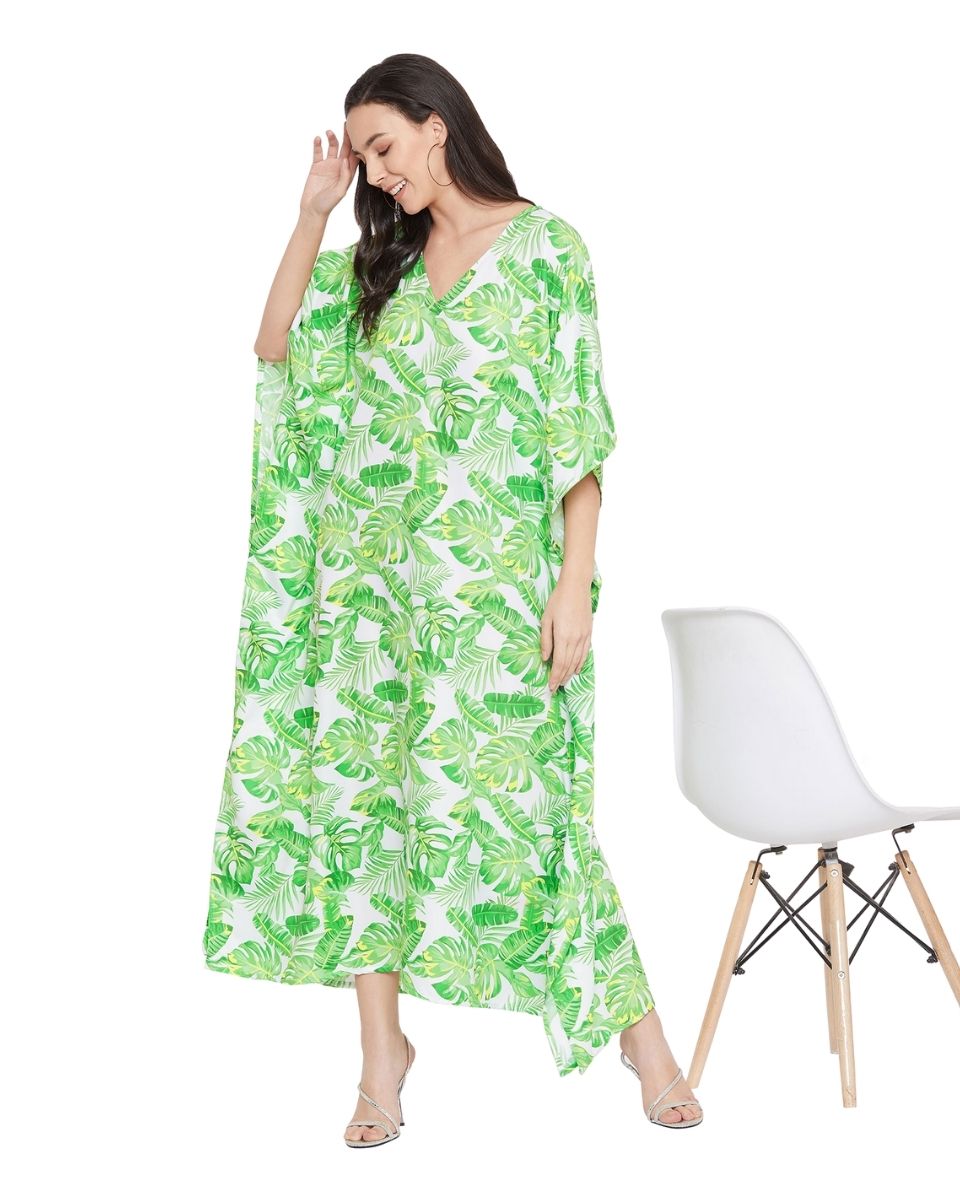 Christmas Wear Leaf Pattern Polyester Caftan For Plus Size Women