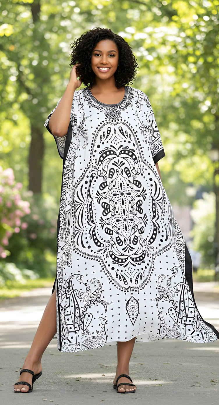 Paisley Printed White Polyester Kaftan Plus Size Dress For Women