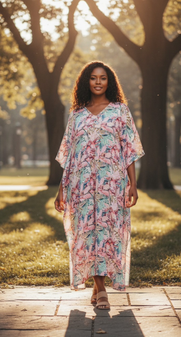 Floral Printed Pink Polyester Kaftan Plus Size Dress For Women