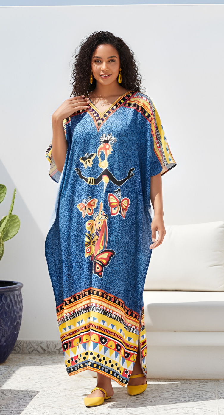 Polyester Kaftan Dress Tribal Printed Blue For Plus Size Women