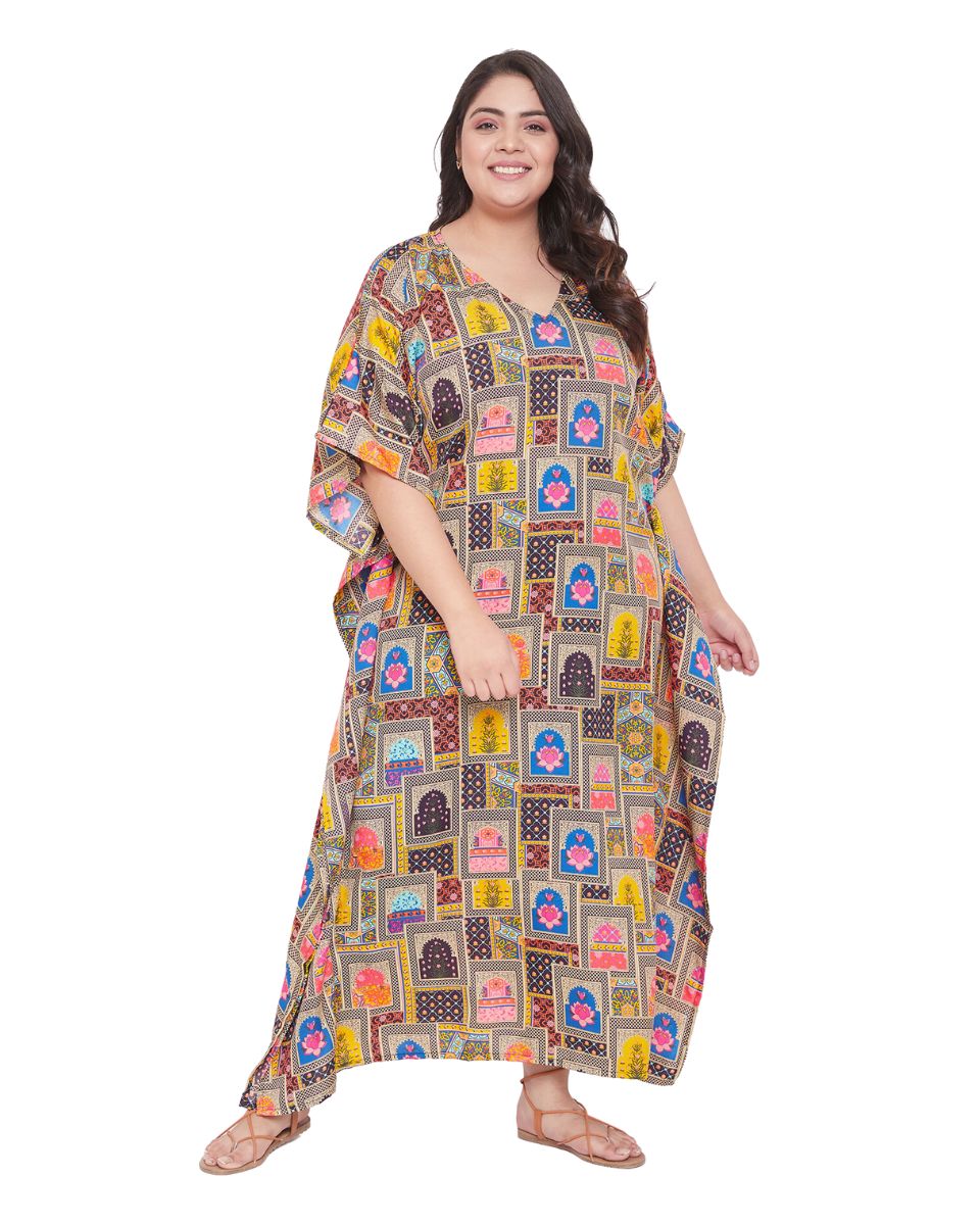 Geometric Print Multicolor Plus Size Polyester Kaftan Dress For Women