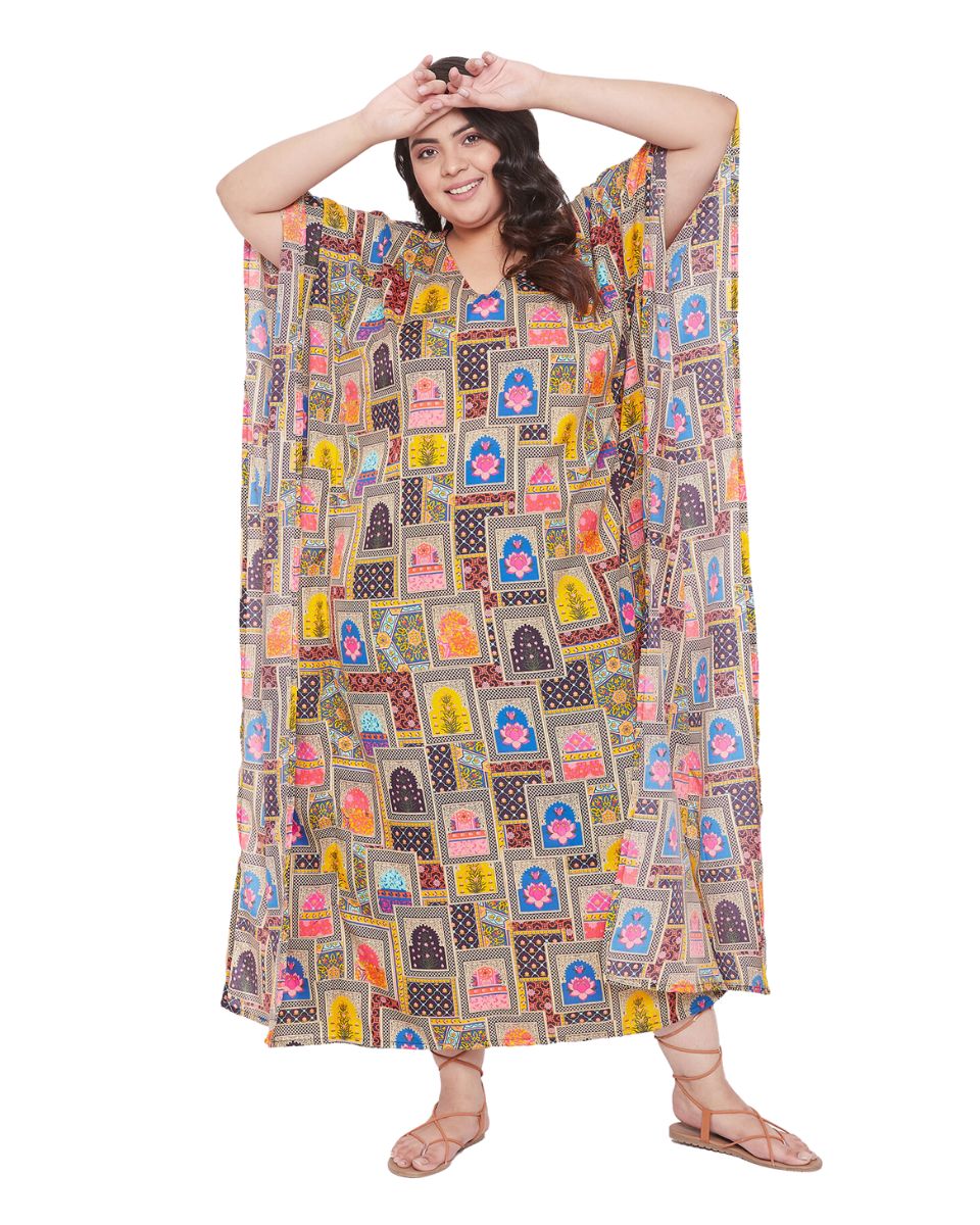 Geometric Print Multicolor Plus Size Polyester Kaftan Dress For Women