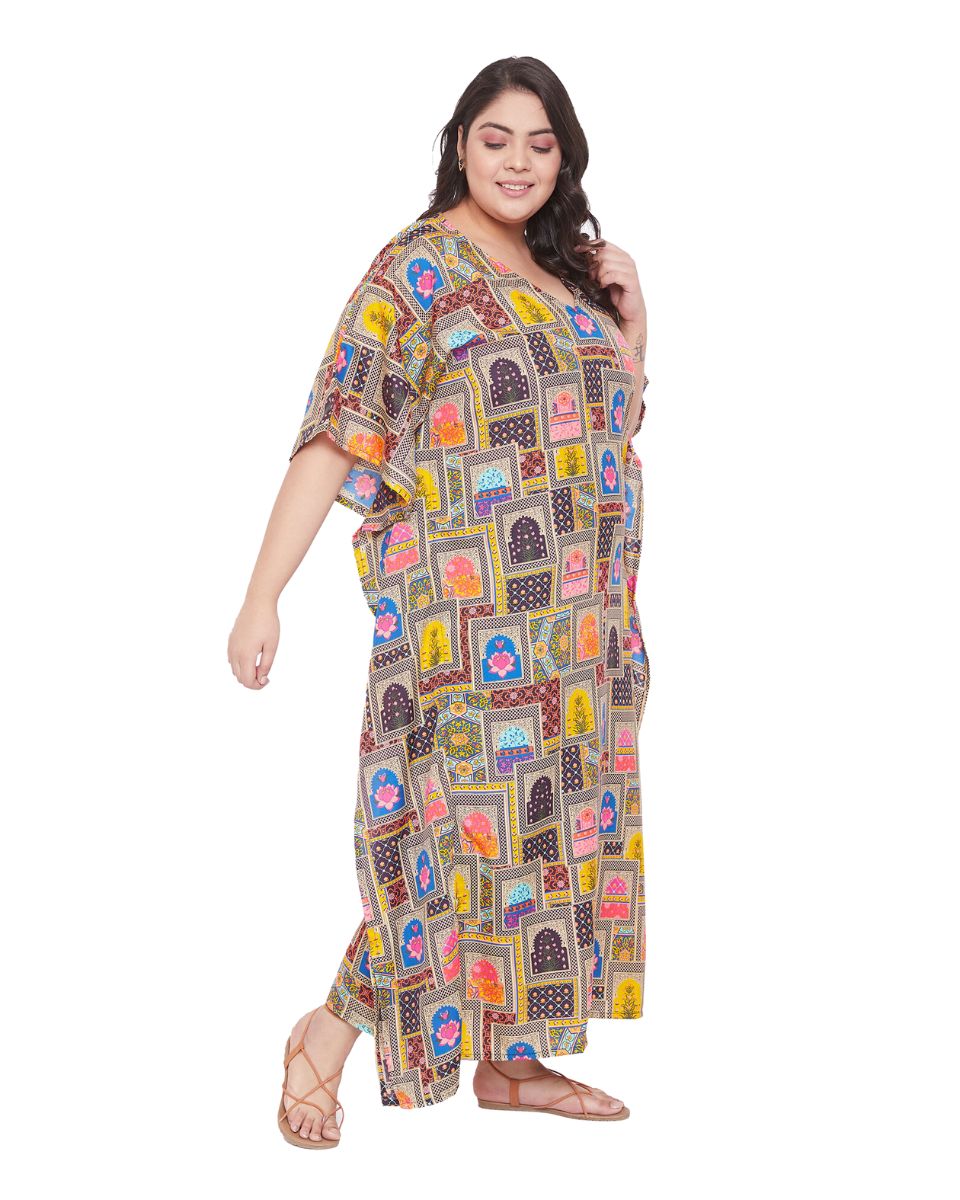 Geometric Print Multicolor Plus Size Polyester Kaftan Dress For Women