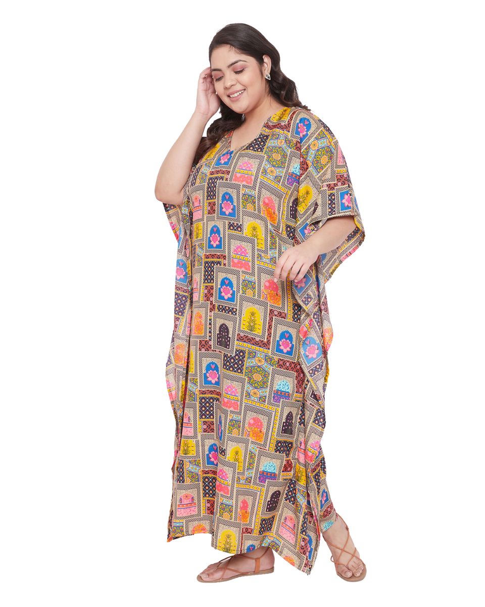 Geometric Print Multicolor Plus Size Polyester Kaftan Dress For Women