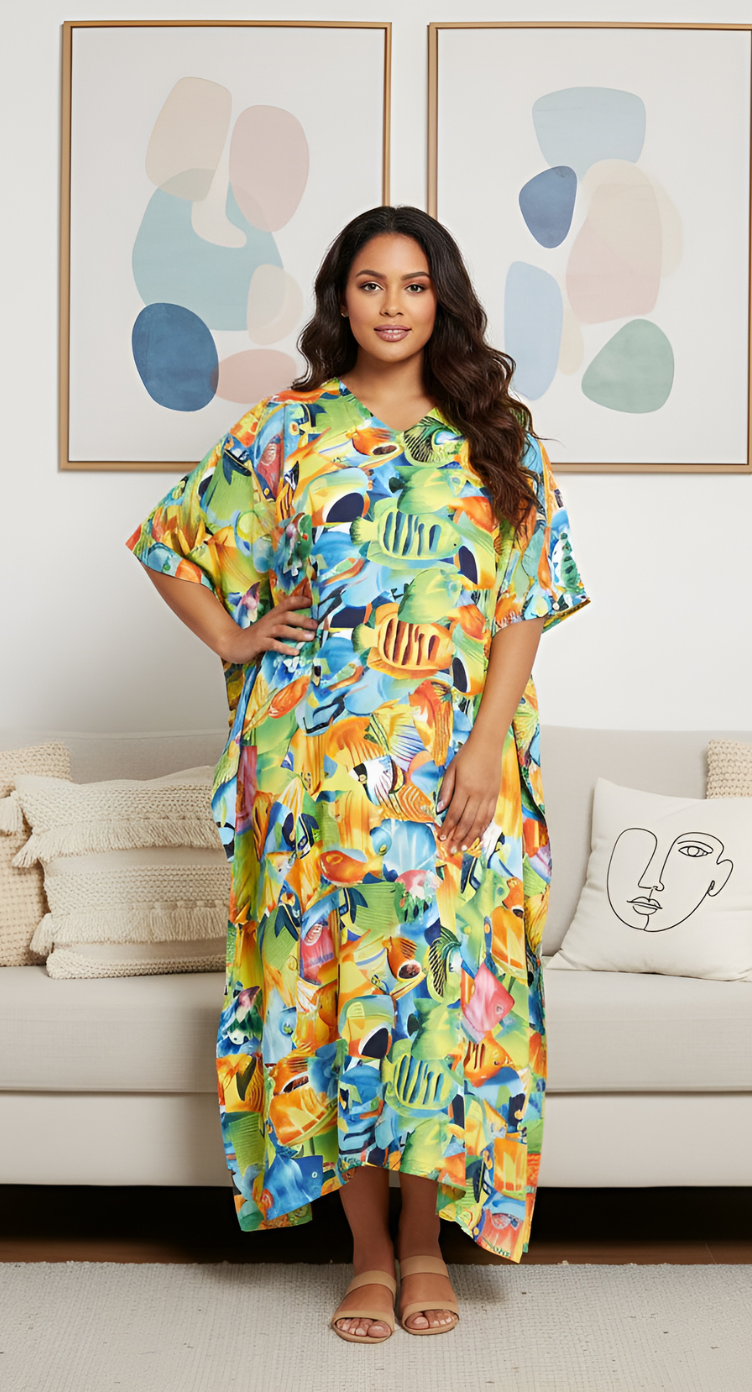 Animal Printed Green Polyester Kaftan Dress For Plus Size Women