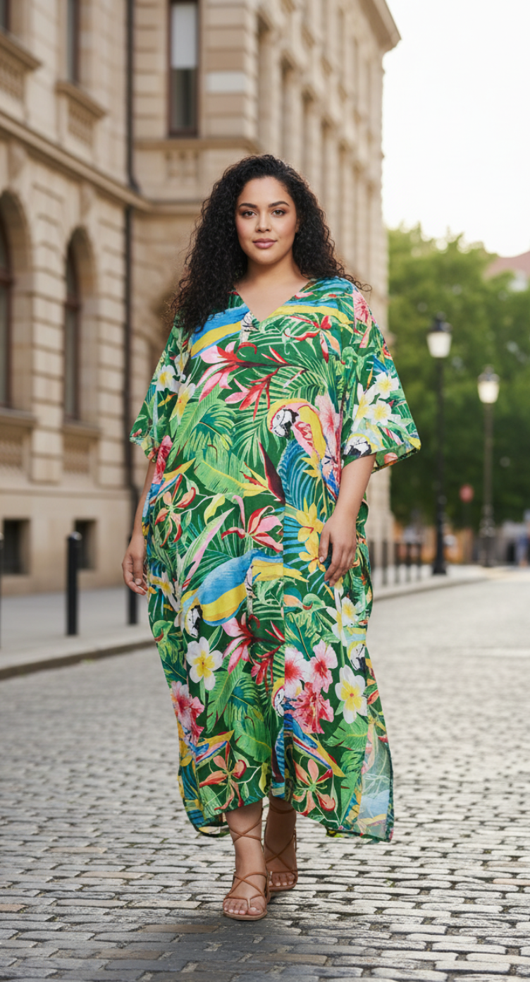 Leaf Printed Green Polyester Plus Size Kaftan Dress For Women