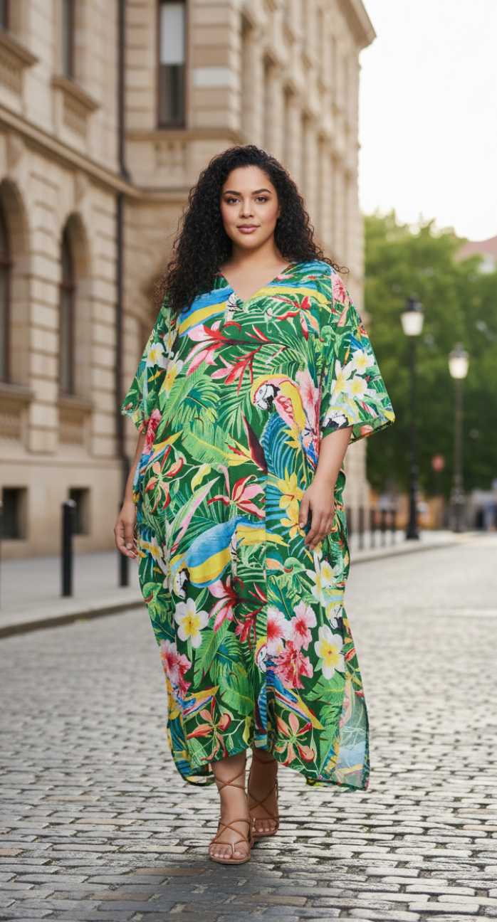 Leaf Printed Green Polyester Plus Size Kaftan Dress For Women