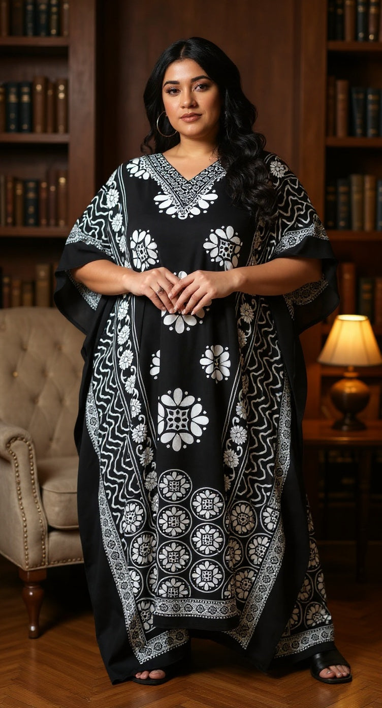 Mandala Print Black And White Polyester Kaftan For Plus Size Women
