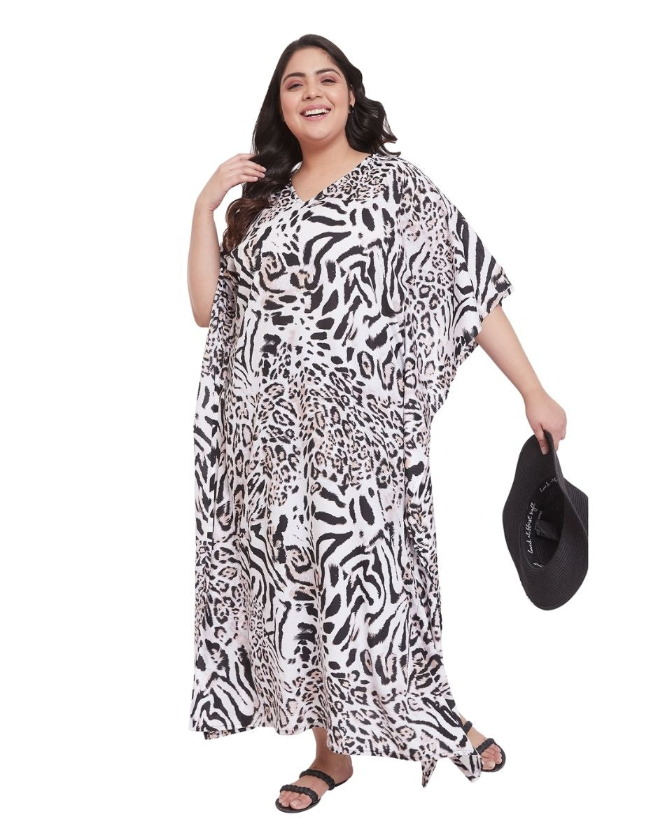 White Leopard Pattern Plus Size Kimono Polyester Kaftan For Women