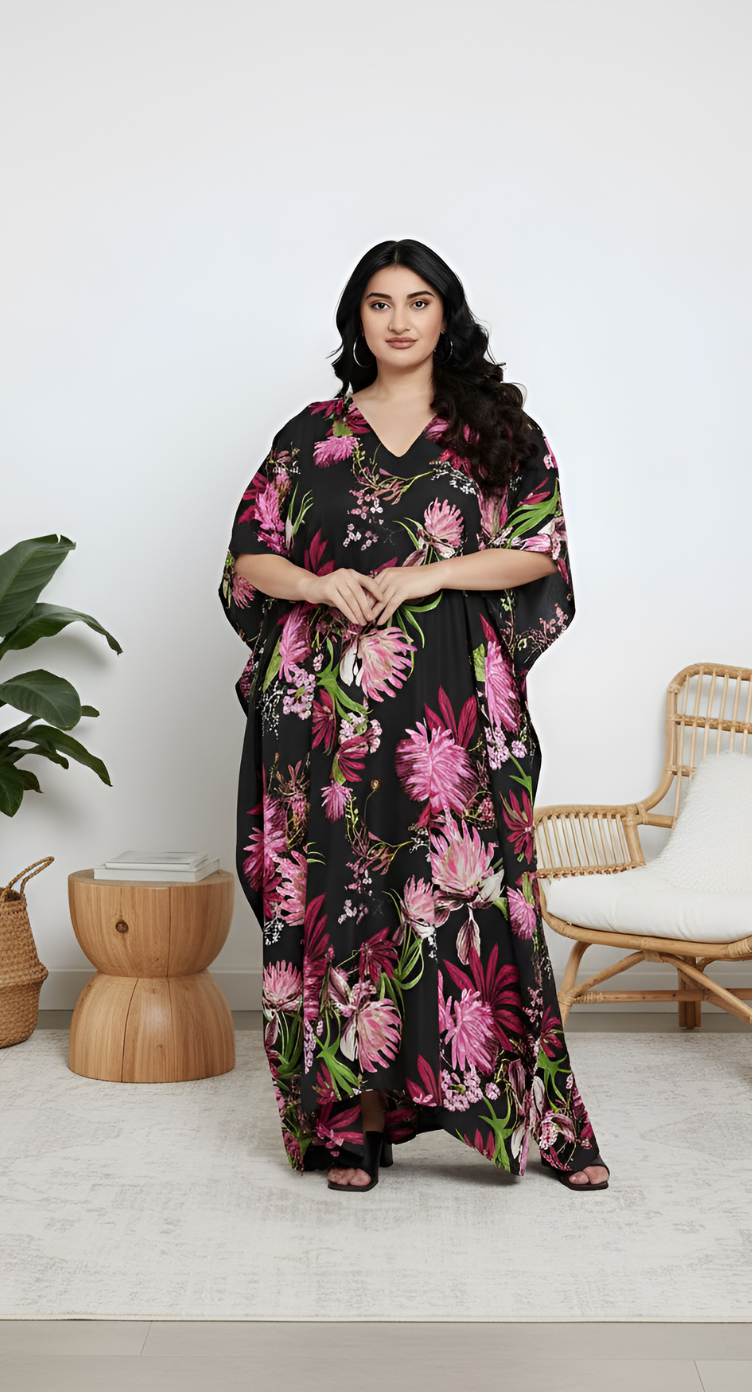 Floral Printed Plus Size Black Polyester Kaftan Dress For Women