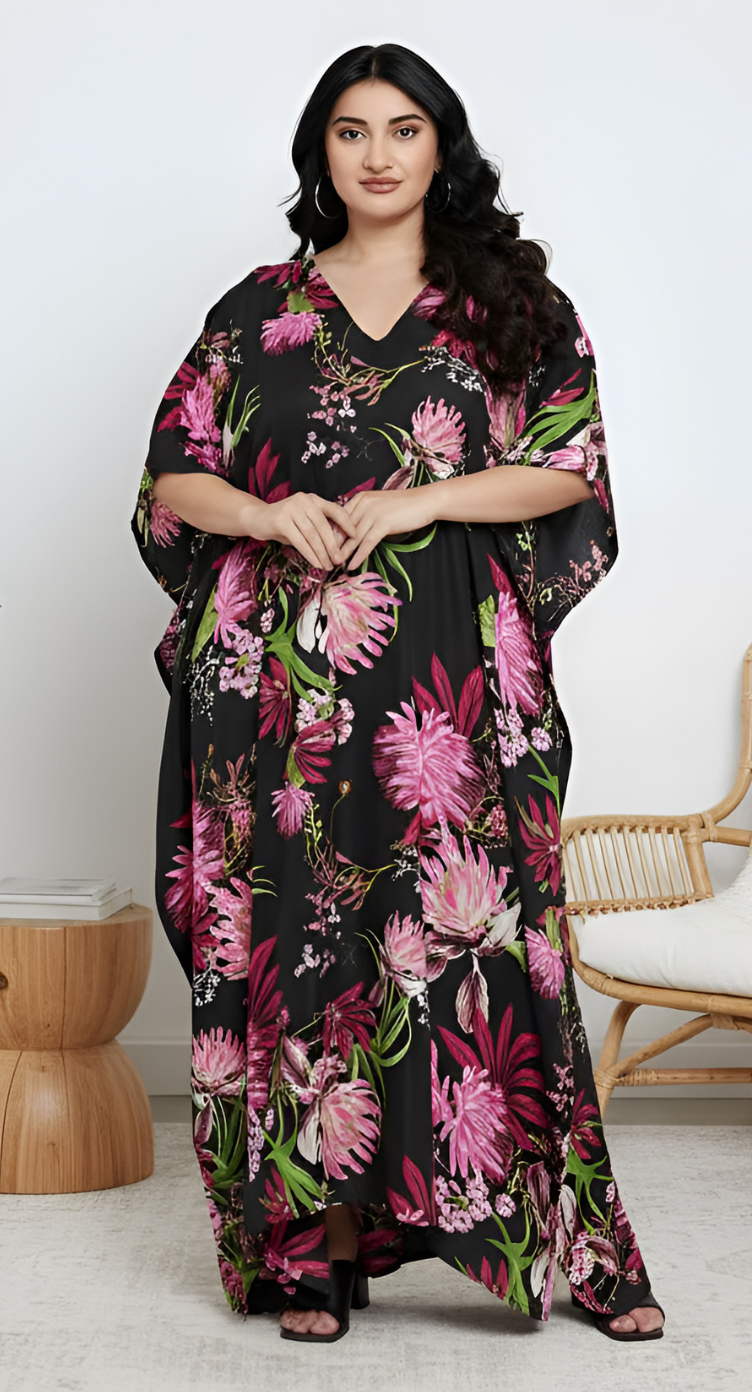 Black plus size kaftan with pink and green floral bouquet print and V-neck