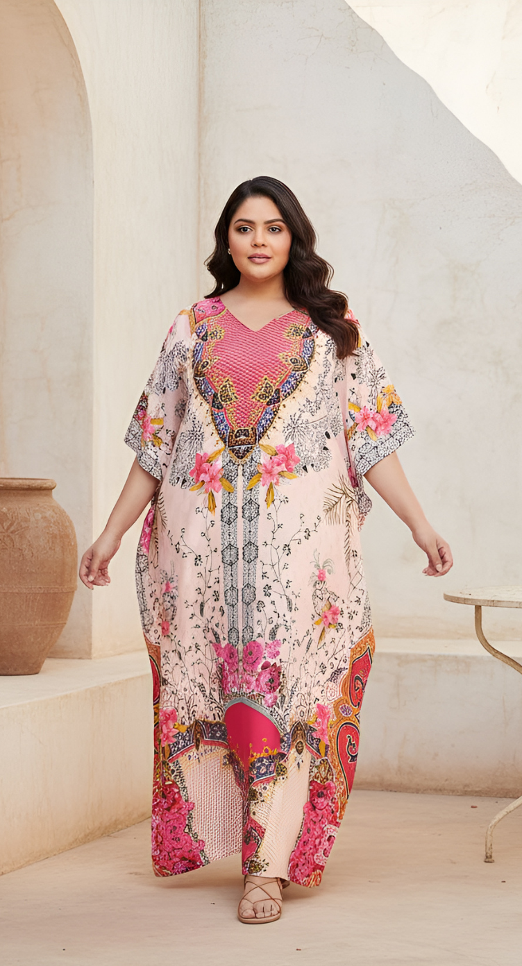 Floral Printed Pink Polyester Plus Size Kaftan Dress For Women