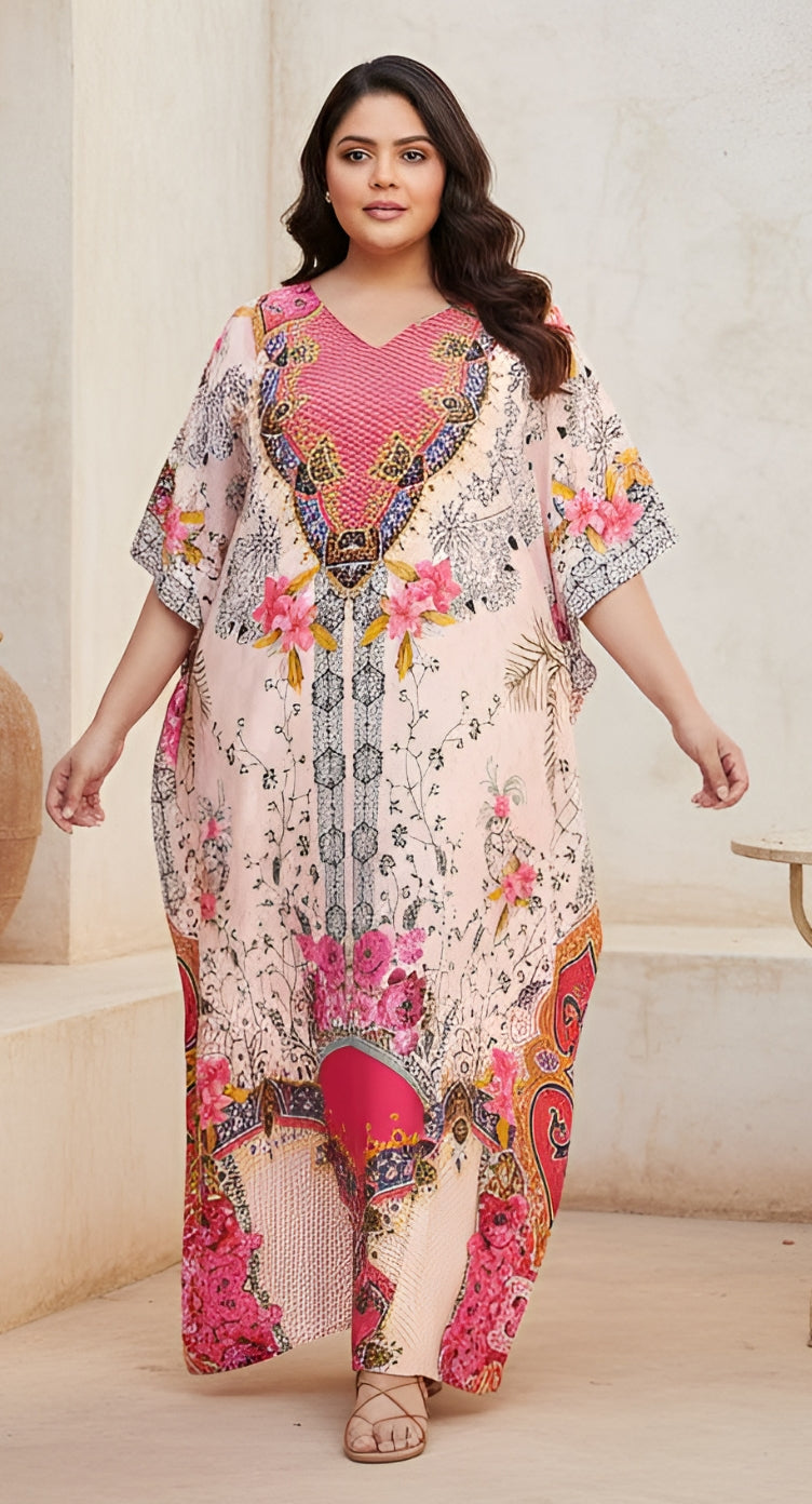 Cream and pink plus size kaftan with floral medallion border print and beaded V-neck
