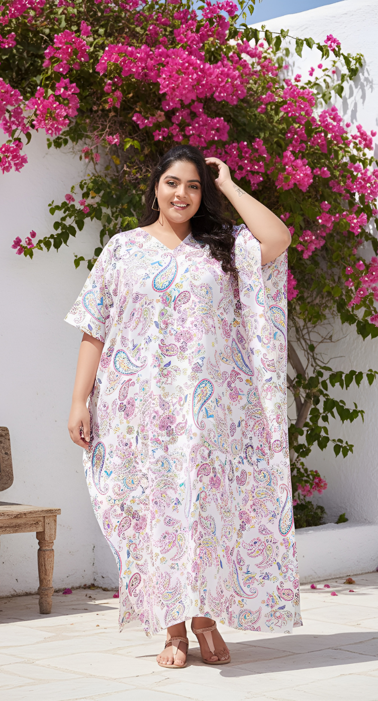 Paisley Printed Pink Polyester Plus Size Kaftan Dress For Women