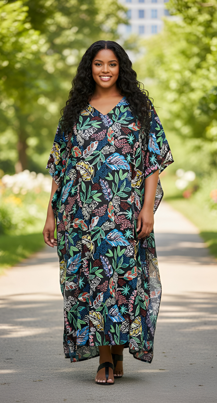 Leaf Black Polyester Women Plus Size Kaftan Loungewear Dress