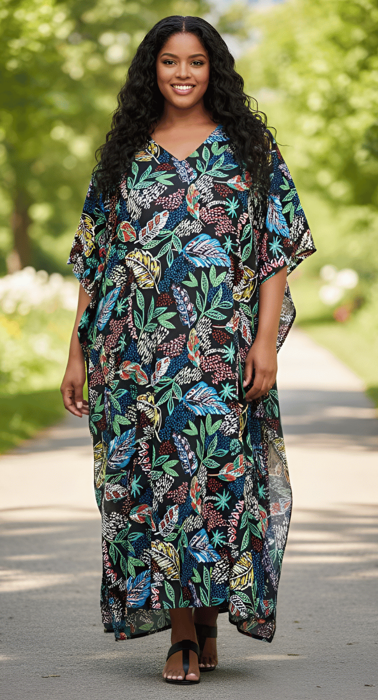 Navy plus size kaftan with botanical leaf print and V-neck, full-length maxi cut