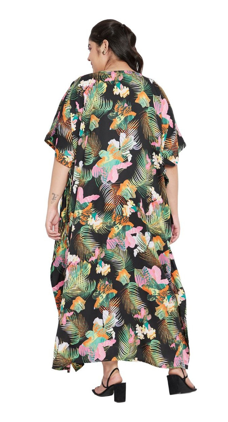 Black polyester plus size kaftan with tropical flamingo floral print and V-neck — alternate view