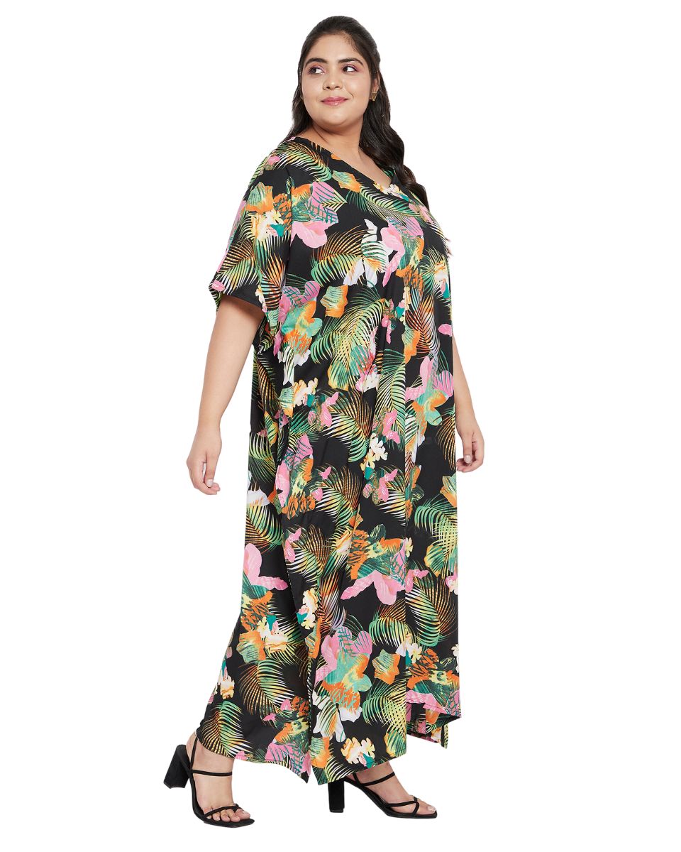 Leaf Printed Black Polyester Kaftan Dress for Women