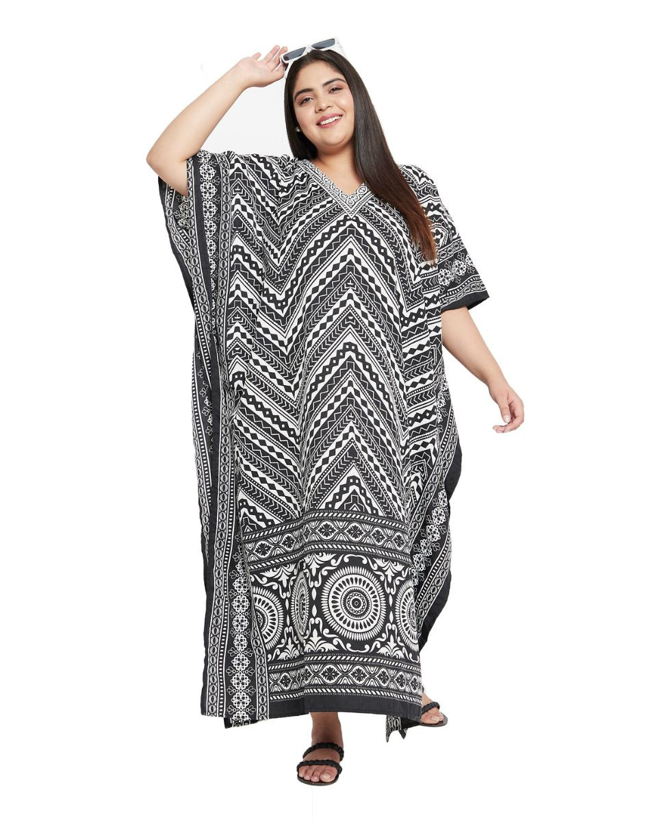 Geometric Printed Black Polyester Plus Size Kaftan Dress For Women