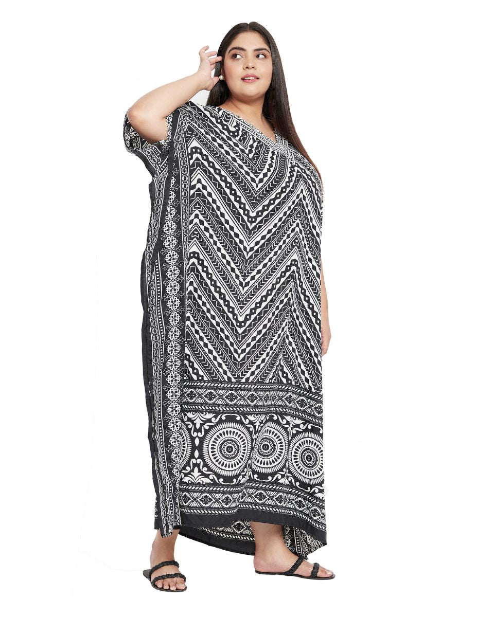 Geometric Printed Black Polyester Plus Size Kaftan Dress For Women