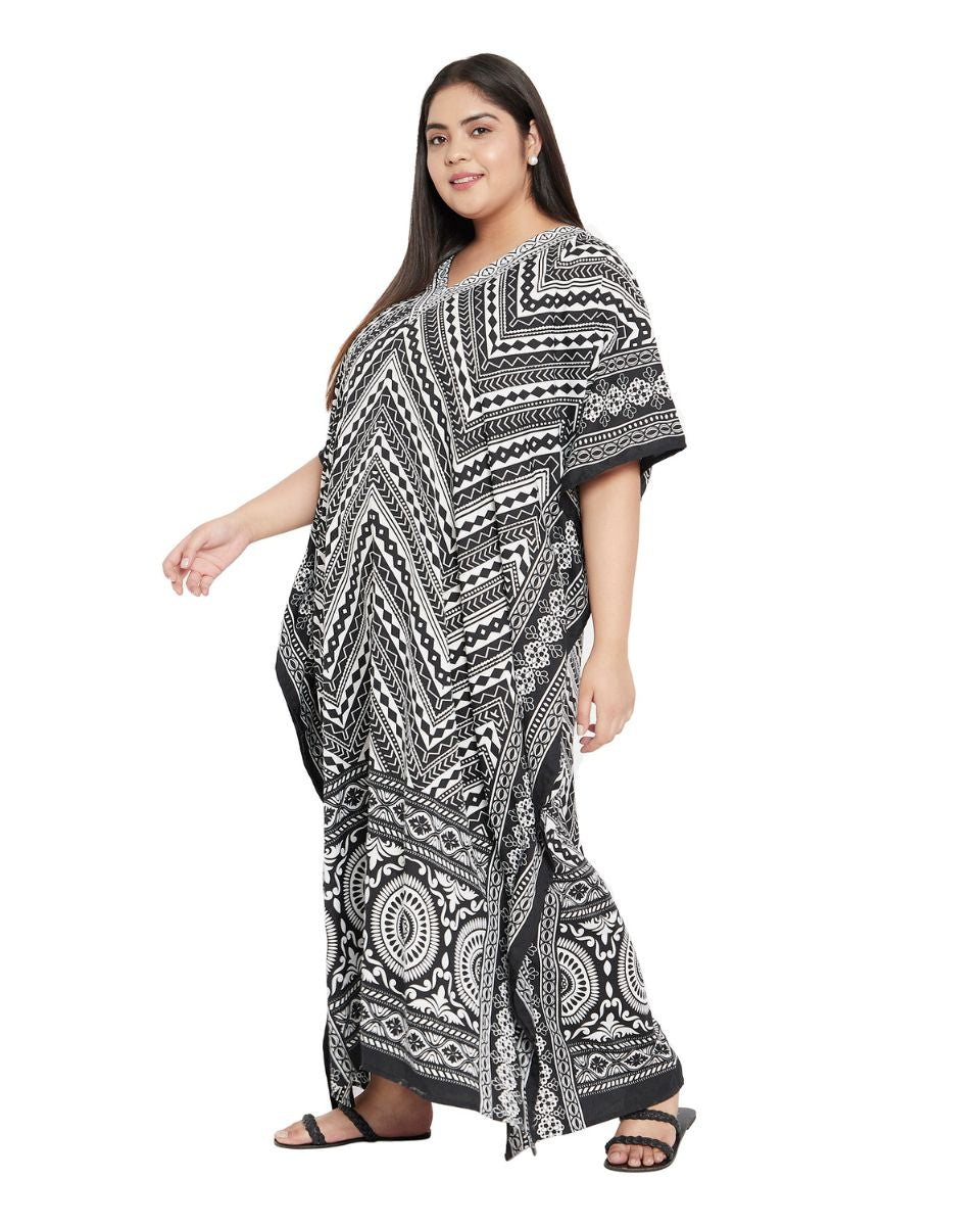 Geometric Printed Black Polyester Plus Size Kaftan Dress For Women