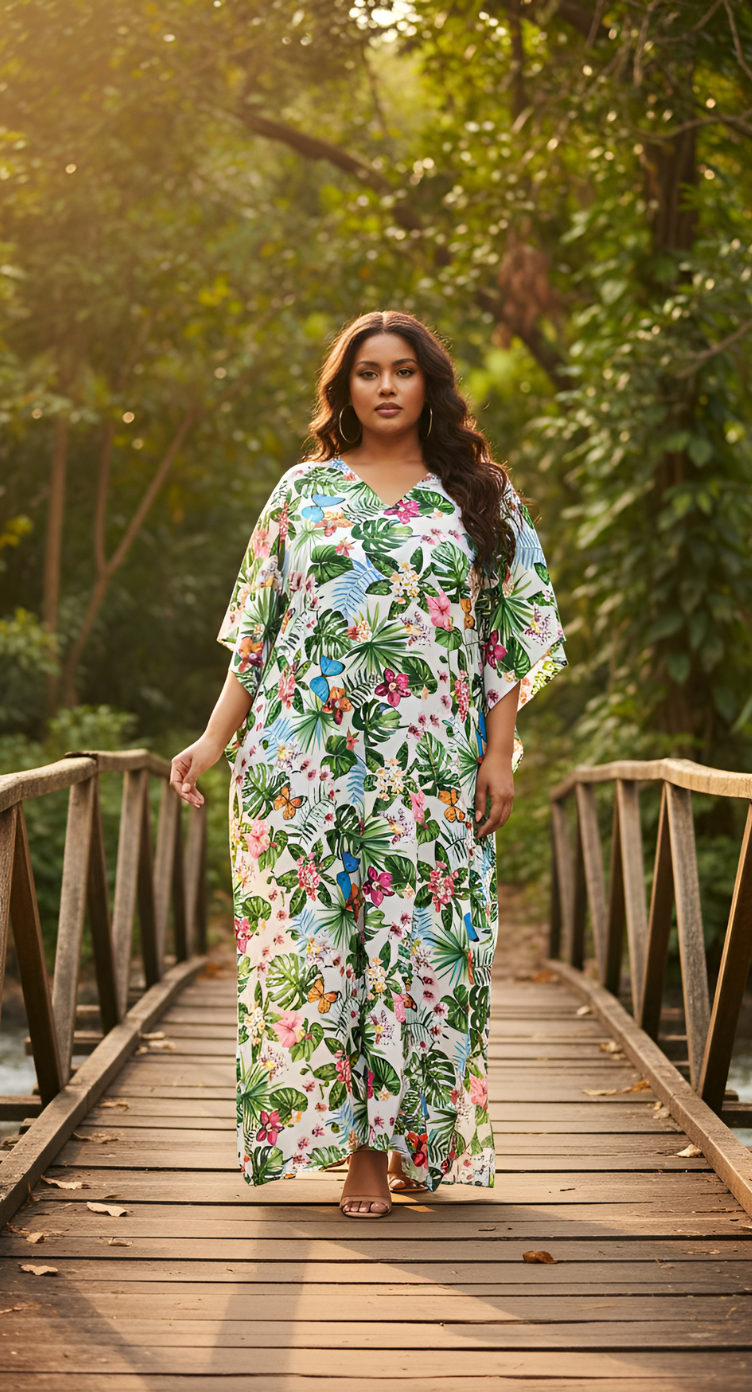 Leaf Printed Green Polyester Kaftan Plus Size Dress For Women