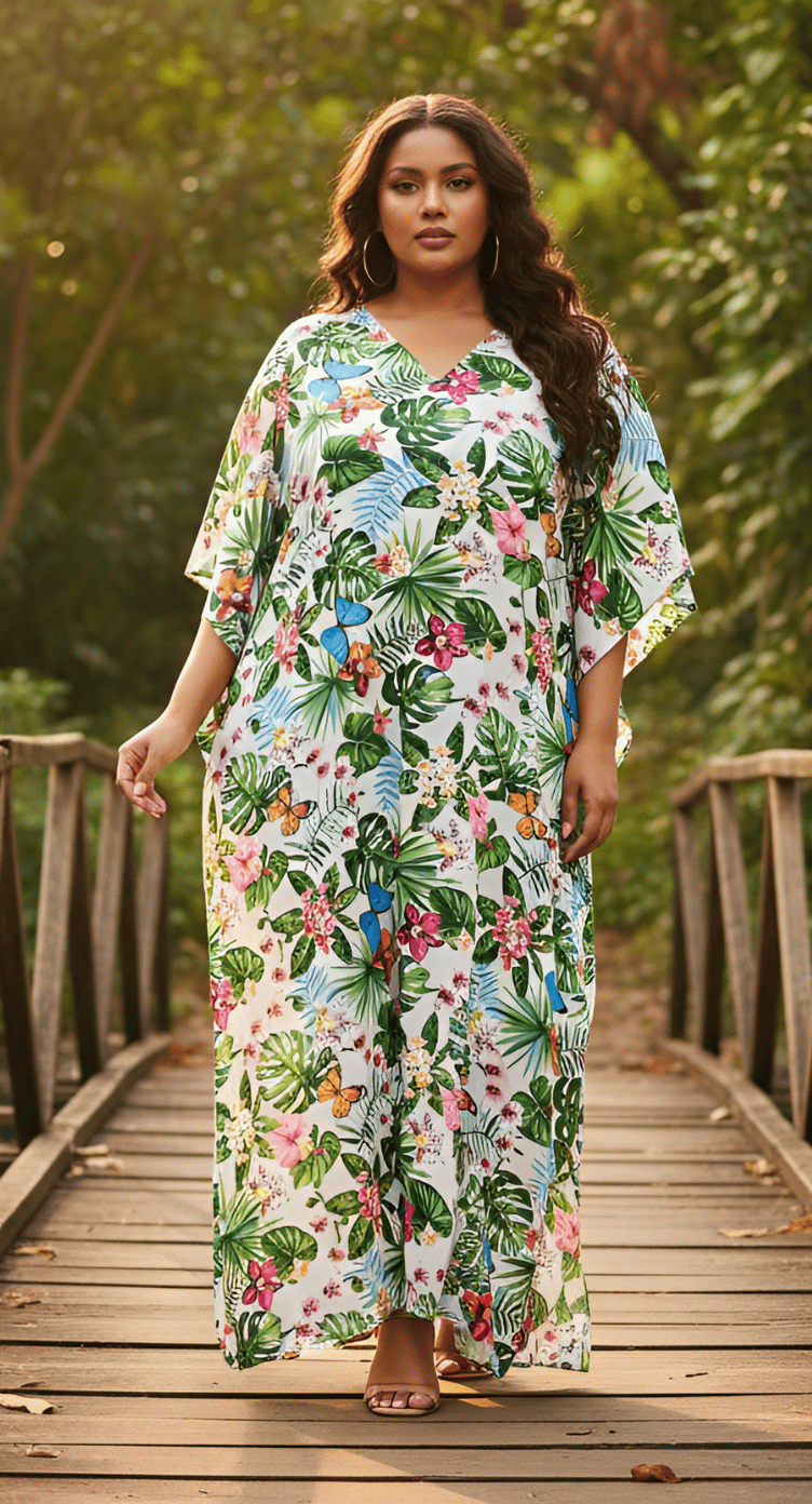 White plus size kaftan with tropical floral and palm leaf print and V-neck