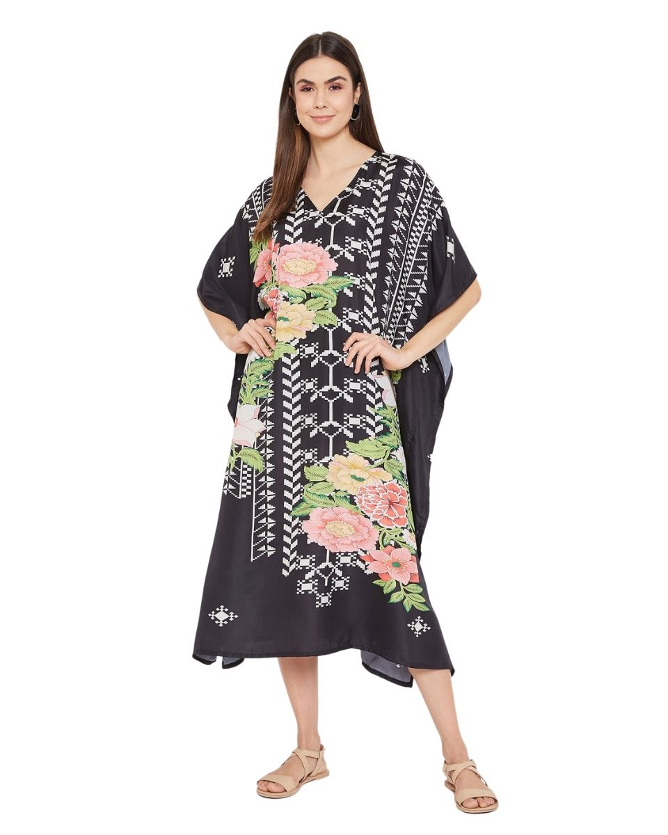 Floral Print Black Polyester Kaftan for Women