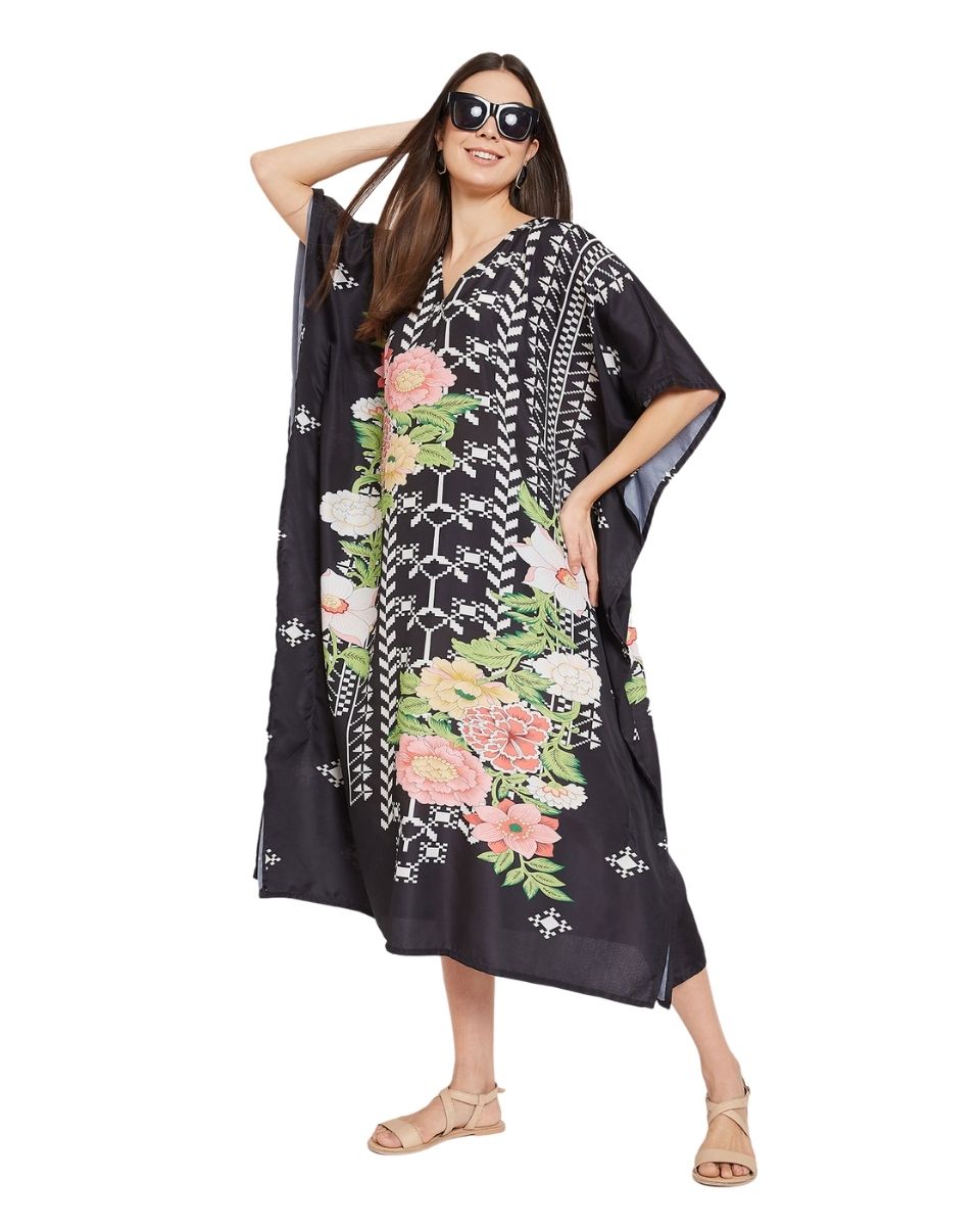 Floral Print Black Polyester Plus Size Kaftan For Women