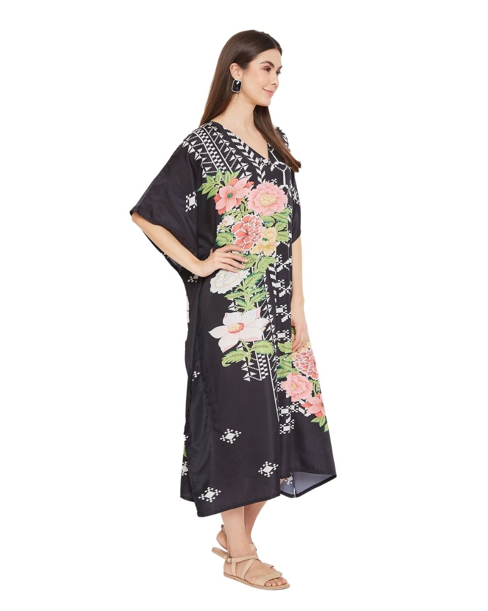 Floral Print Black Polyester Plus Size Kaftan For Women