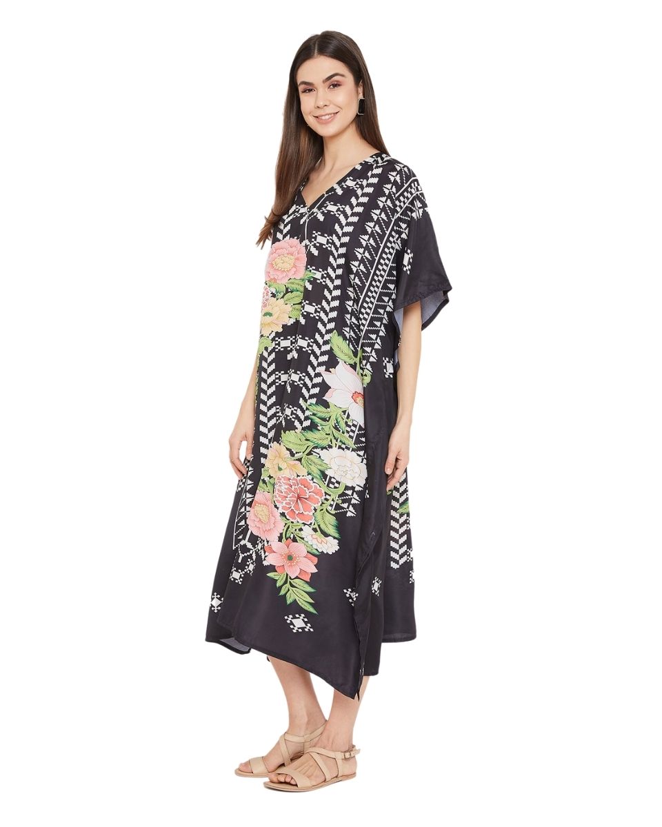 Floral Print Black Polyester Plus Size Kaftan For Women