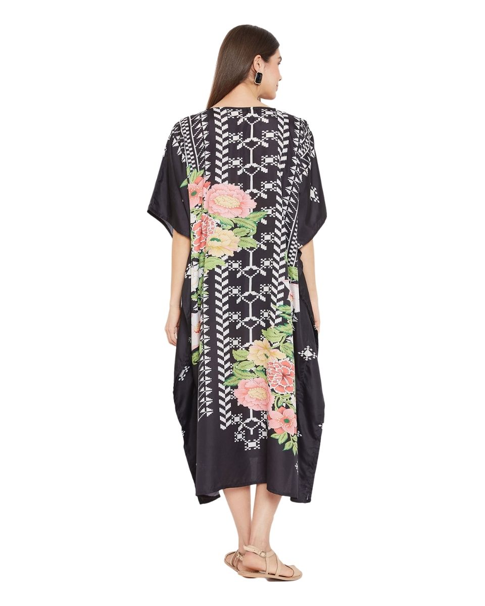 Floral Print Black Polyester Plus Size Kaftan For Women