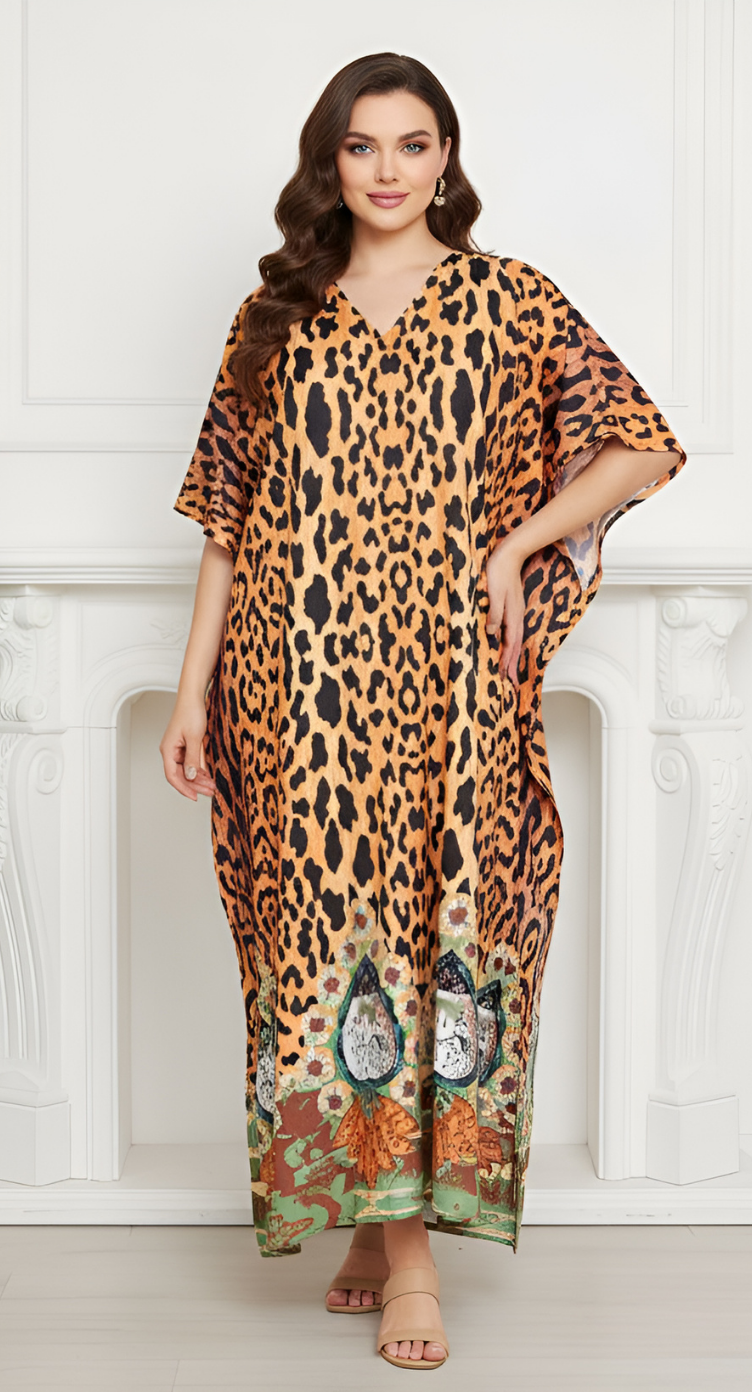 Animal Printed Bronze Polyester Kaftan Dress For plus size Women