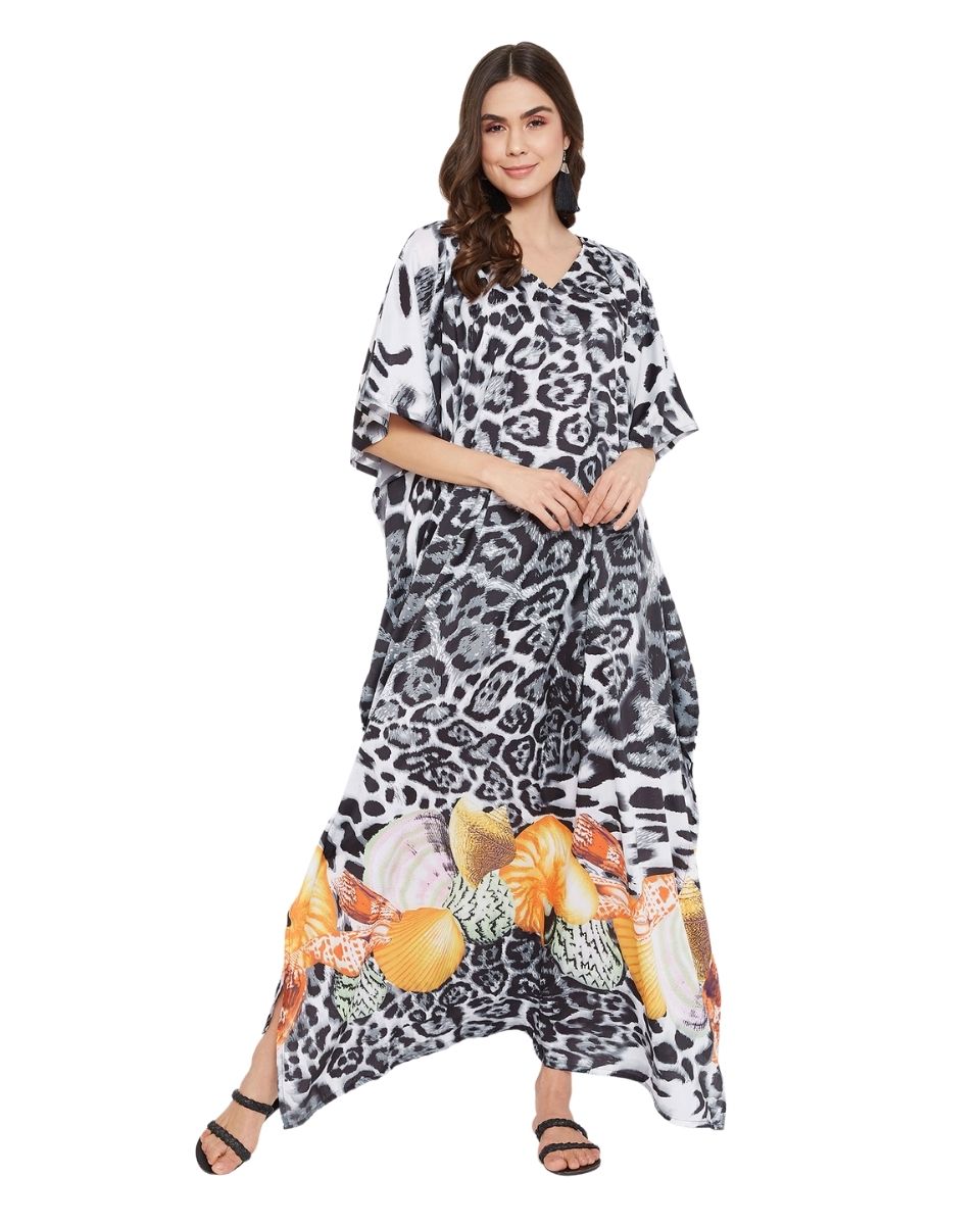 White And Black Polyester Long Kimono Kaftan For Plus Size Women