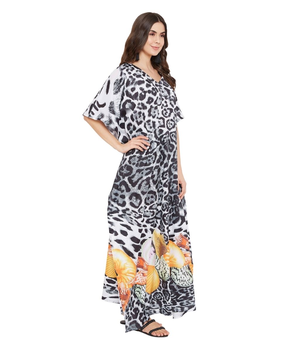 White And Black Polyester Long Kimono Kaftan For Plus Size Women