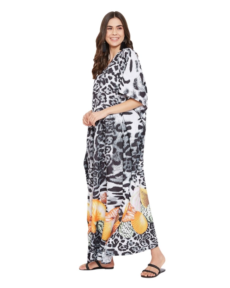 White And Black Polyester Long Kimono Kaftan For Plus Size Women