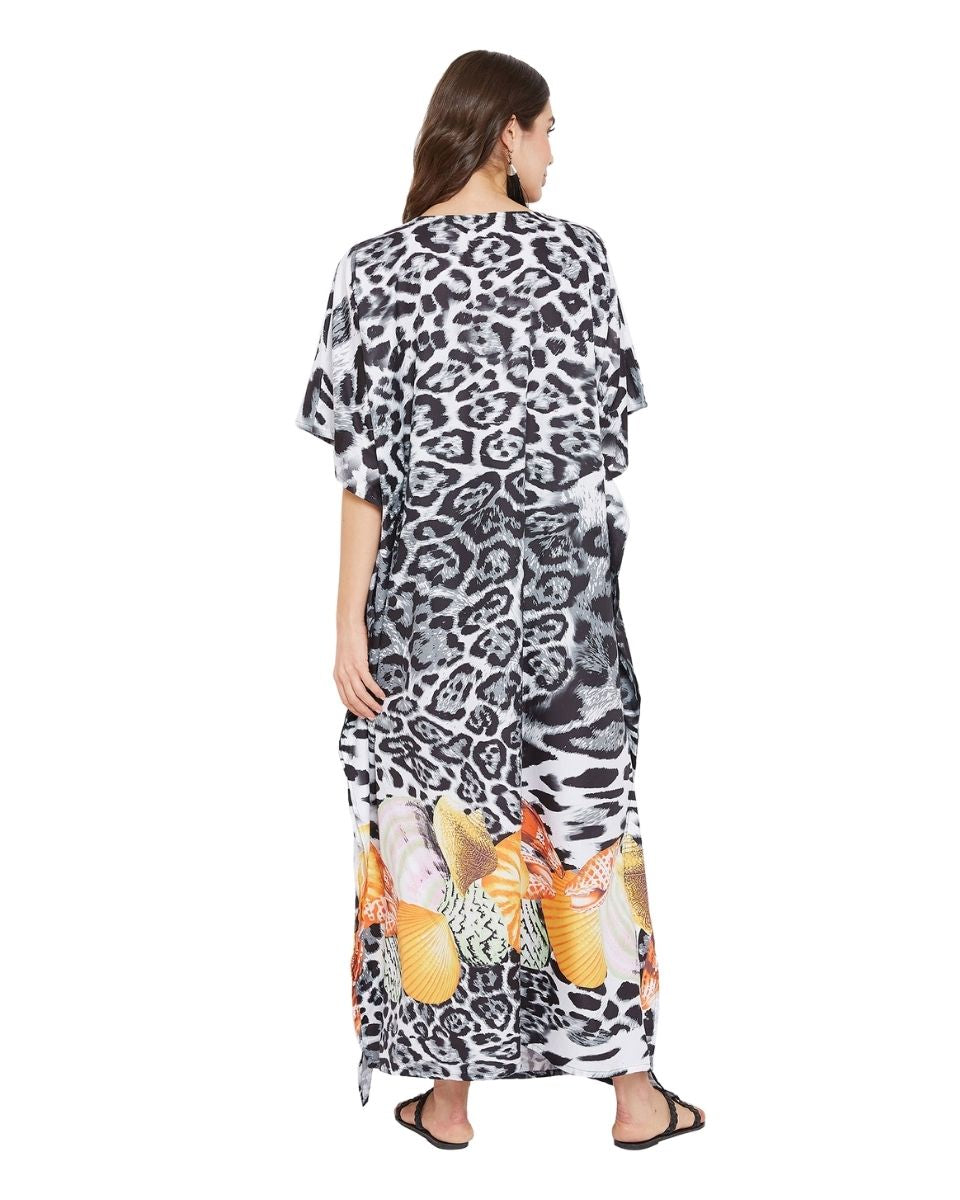 White And Black Polyester Long Kimono Kaftan For Plus Size Women