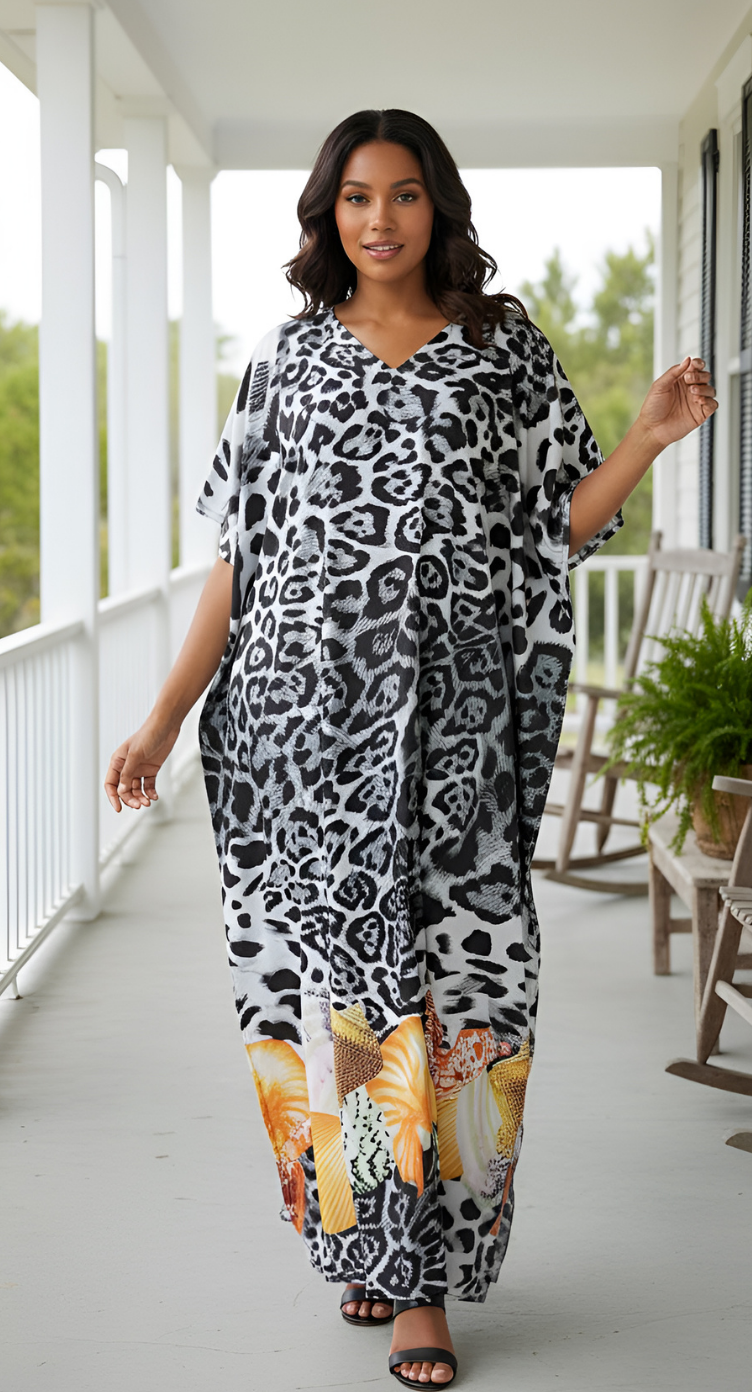 White And Black Polyester Long Kimono Kaftan For Plus Size Women