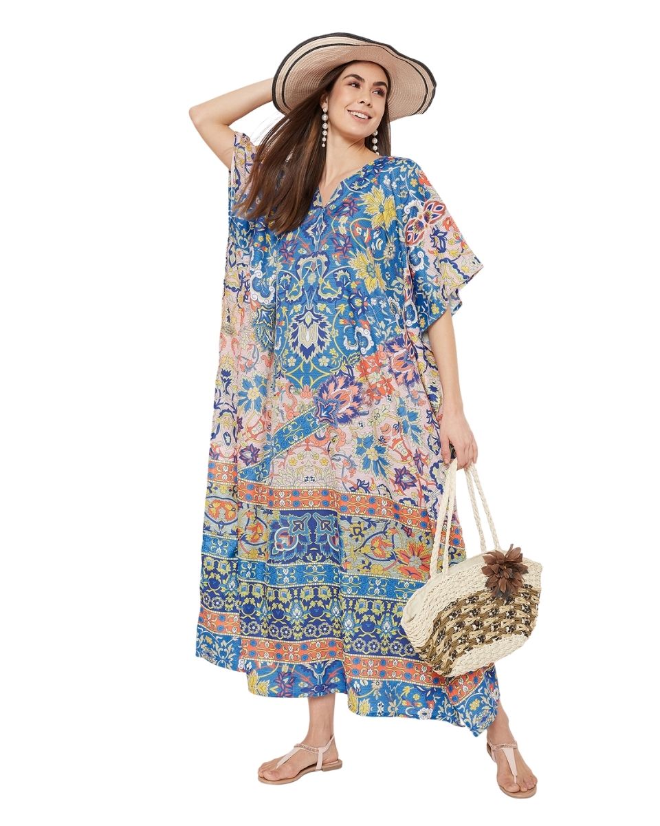 Floral Pattern Multicolor Polyester Kaftan For Plus Size Women