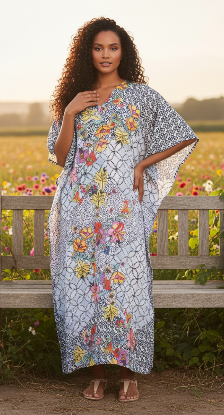 Floral Printed Plus Size Black Polyester Kaftan Dress For Women