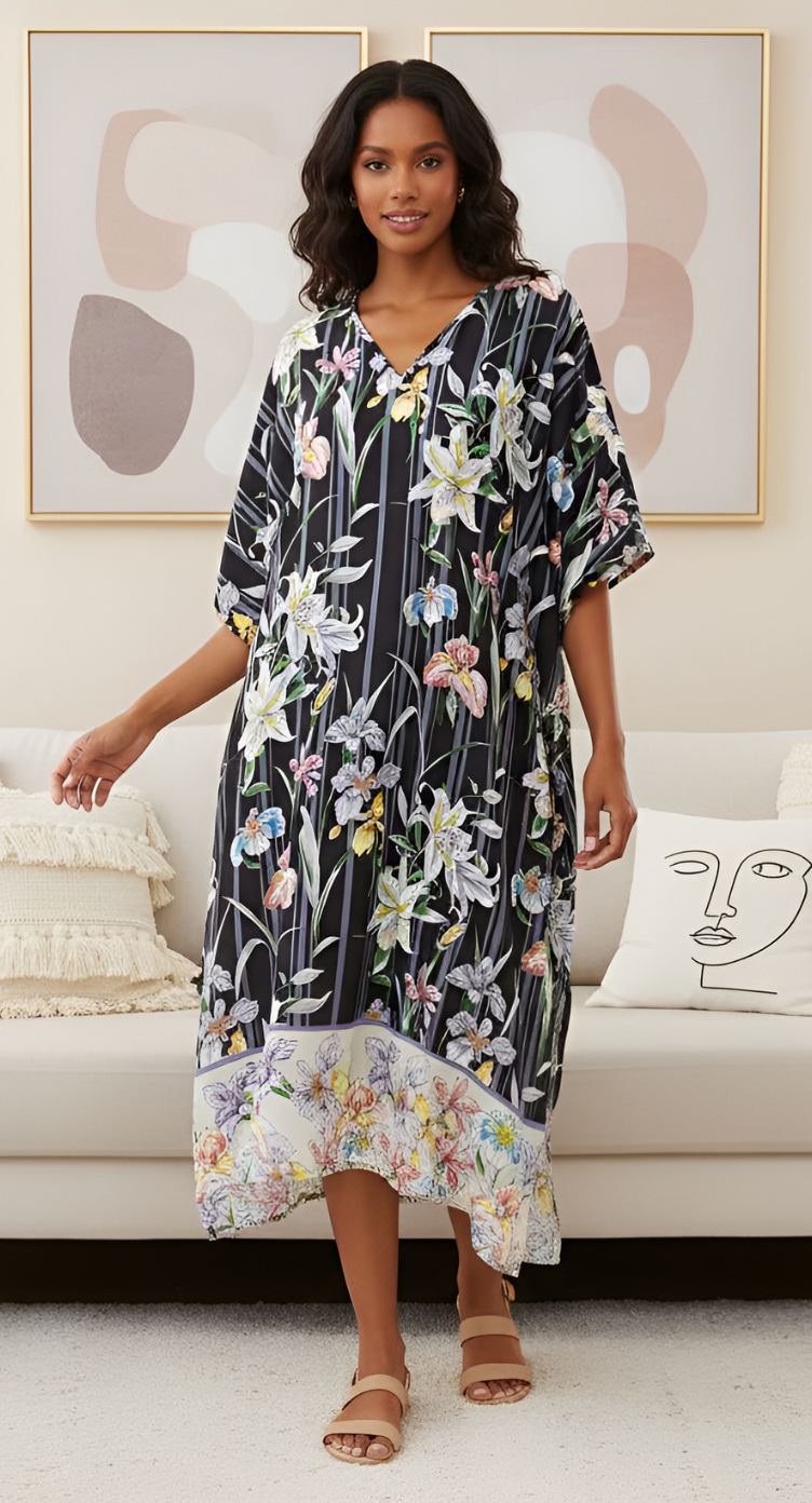 Floral Printed Black Polyester Plus Size Kaftan Dress For Women